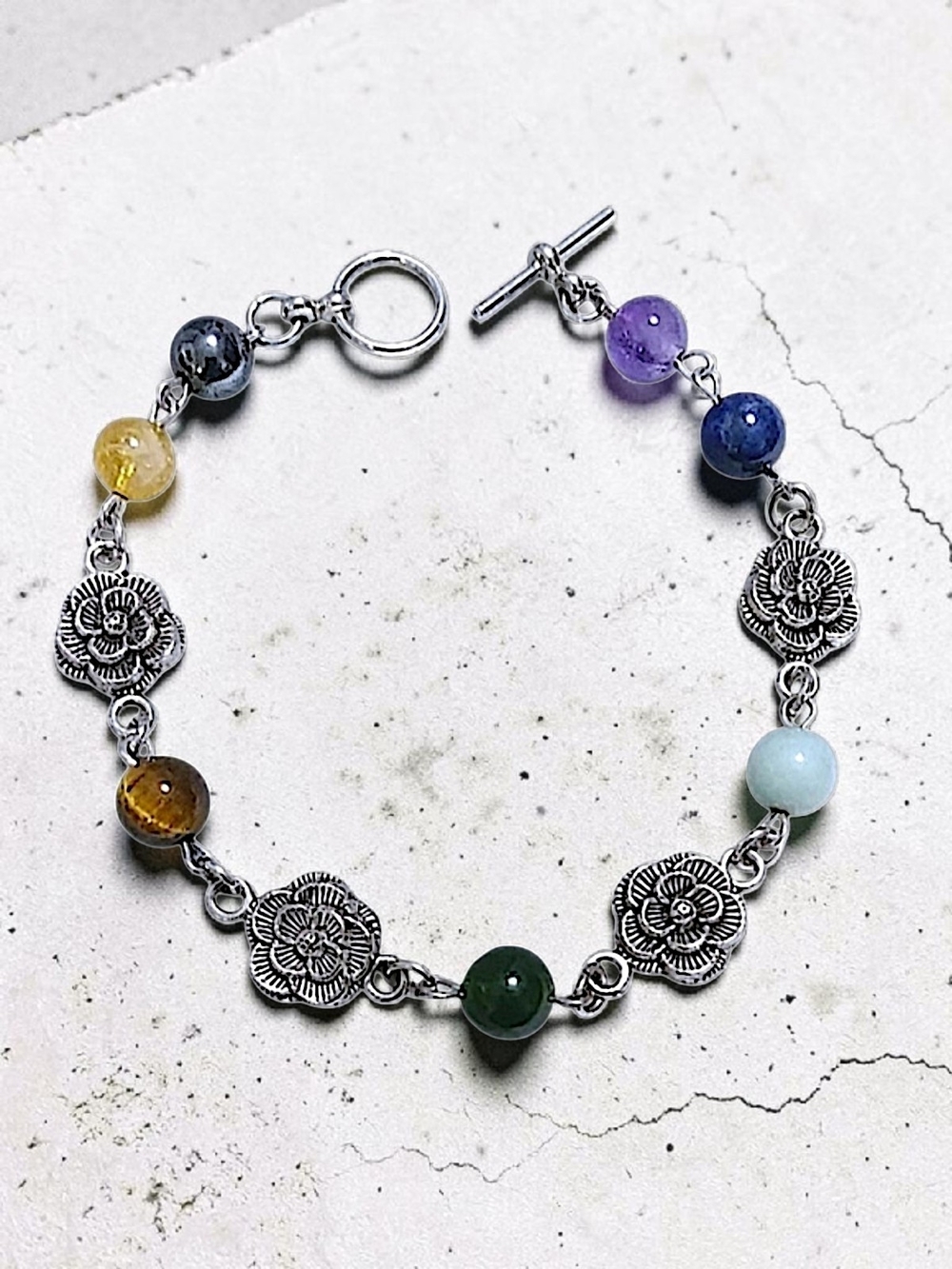 Hand Crafted Gemstone Chakra Multicolor Floral Link Beaded Bracelet Size 7.5"
